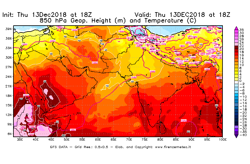 Mappa di analisi GFS - Geopotenziale [m] e Temperatura [°C] a 850 hPa in Asia Sud-Occidentale
							del 13/12/2018 18 <!--googleoff: index-->UTC<!--googleon: index-->