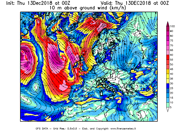Mappa di analisi GFS - Velocità del vento a 10 metri dal suolo [km/h] in Europa
							del 13/12/2018 00 <!--googleoff: index-->UTC<!--googleon: index-->