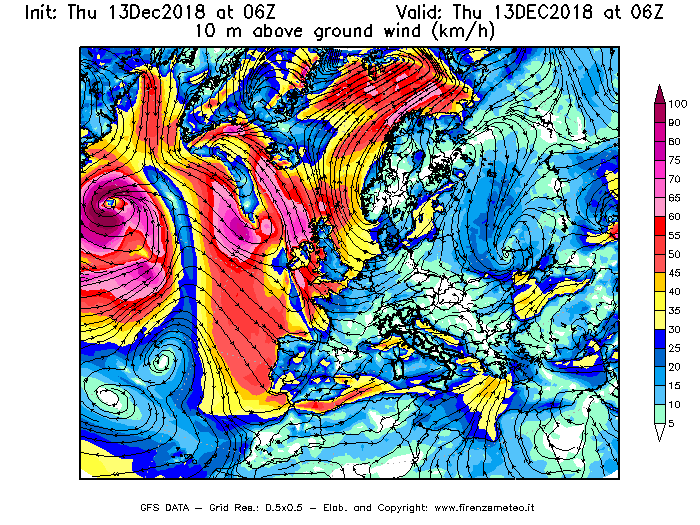 Mappa di analisi GFS - Velocità del vento a 10 metri dal suolo [km/h] in Europa
							del 13/12/2018 06 <!--googleoff: index-->UTC<!--googleon: index-->