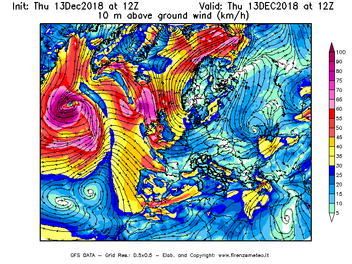 Mappa di analisi GFS - Velocità del vento a 10 metri dal suolo [km/h] in Europa
							del 13/12/2018 12 <!--googleoff: index-->UTC<!--googleon: index-->