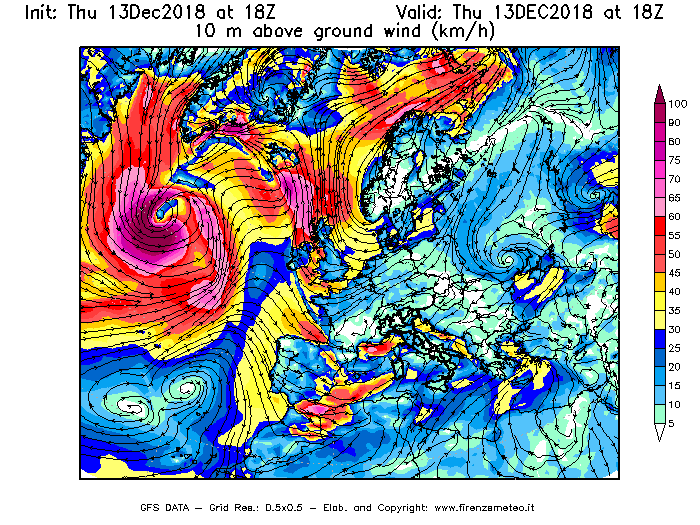 Mappa di analisi GFS - Velocità del vento a 10 metri dal suolo [km/h] in Europa
							del 13/12/2018 18 <!--googleoff: index-->UTC<!--googleon: index-->