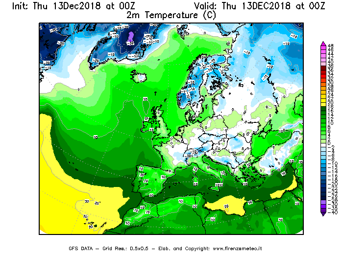Mappa di analisi GFS - Temperatura a 2 metri dal suolo [°C] in Europa
							del 13/12/2018 00 <!--googleoff: index-->UTC<!--googleon: index-->