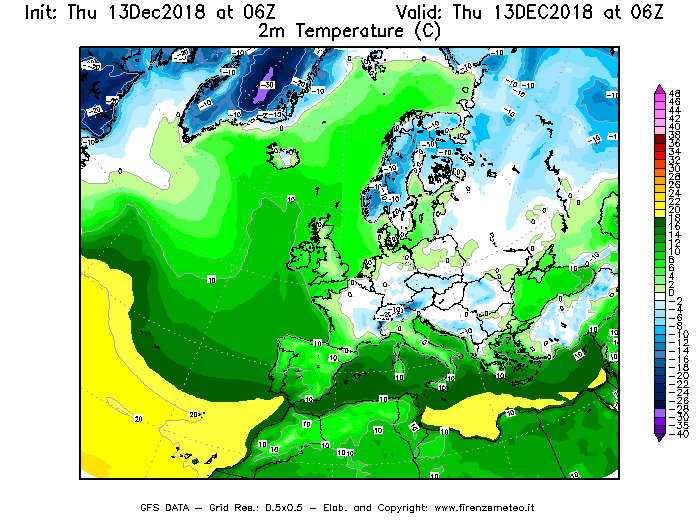 Mappa di analisi GFS - Temperatura a 2 metri dal suolo [°C] in Europa
							del 13/12/2018 06 <!--googleoff: index-->UTC<!--googleon: index-->