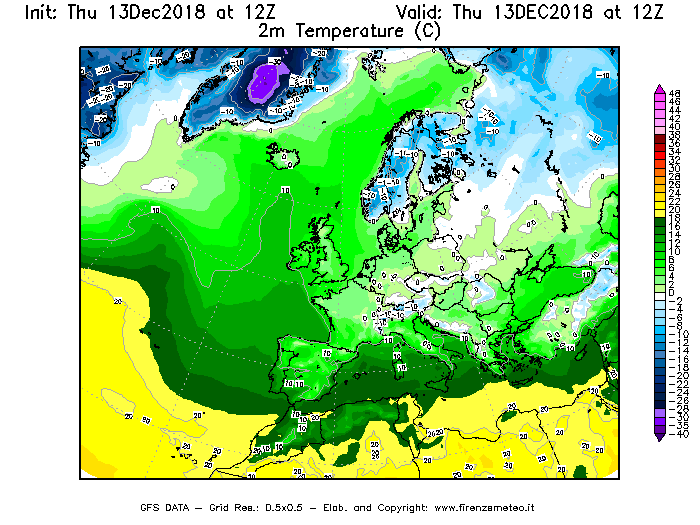 Mappa di analisi GFS - Temperatura a 2 metri dal suolo [°C] in Europa
							del 13/12/2018 12 <!--googleoff: index-->UTC<!--googleon: index-->