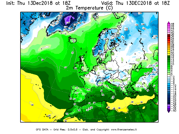 Mappa di analisi GFS - Temperatura a 2 metri dal suolo [°C] in Europa
							del 13/12/2018 18 <!--googleoff: index-->UTC<!--googleon: index-->
