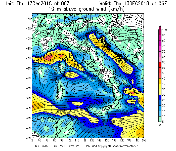 Mappa di analisi GFS - Velocità del vento a 10 metri dal suolo [km/h] in Italia
							del 13/12/2018 06 <!--googleoff: index-->UTC<!--googleon: index-->