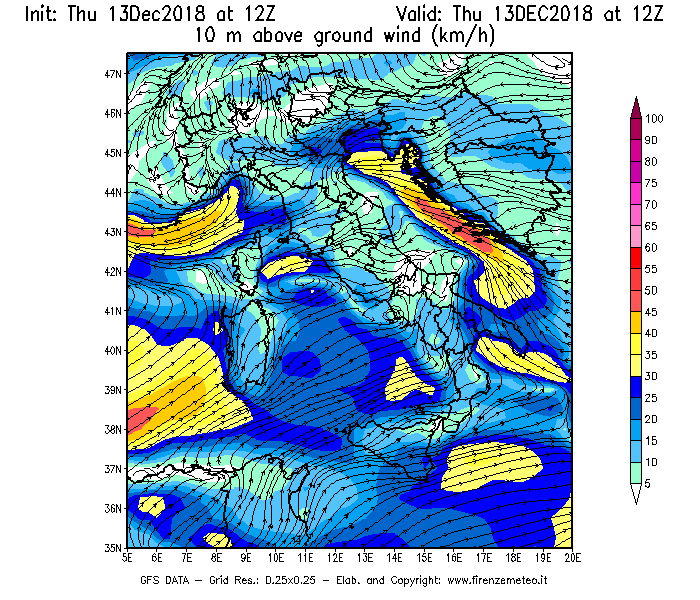Mappa di analisi GFS - Velocità del vento a 10 metri dal suolo [km/h] in Italia
							del 13/12/2018 12 <!--googleoff: index-->UTC<!--googleon: index-->