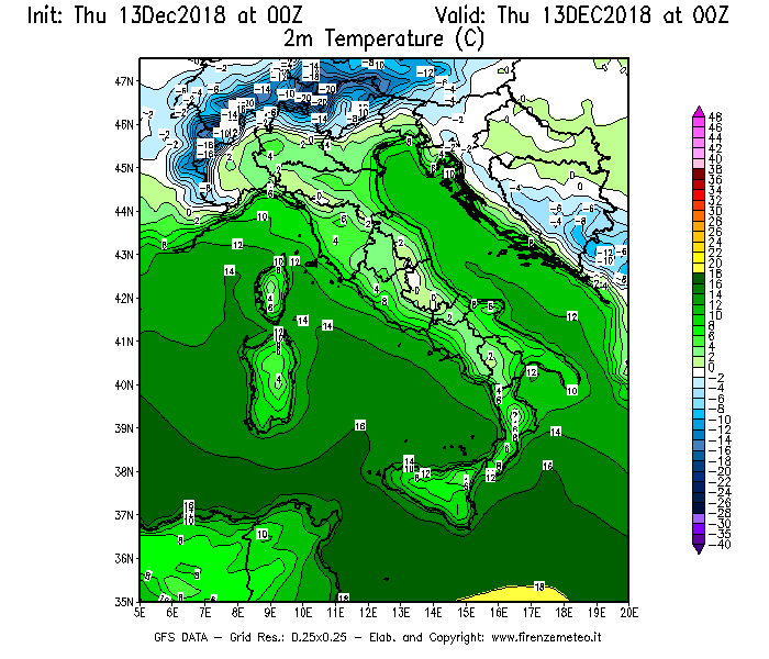 Mappa di analisi GFS - Temperatura a 2 metri dal suolo [°C] in Italia
							del 13/12/2018 00 <!--googleoff: index-->UTC<!--googleon: index-->