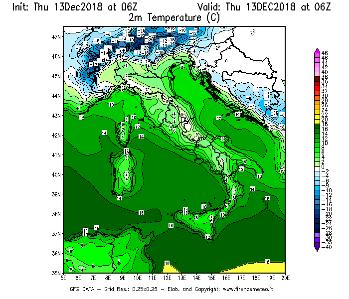 Mappa di analisi GFS - Temperatura a 2 metri dal suolo [°C] in Italia
							del 13/12/2018 06 <!--googleoff: index-->UTC<!--googleon: index-->