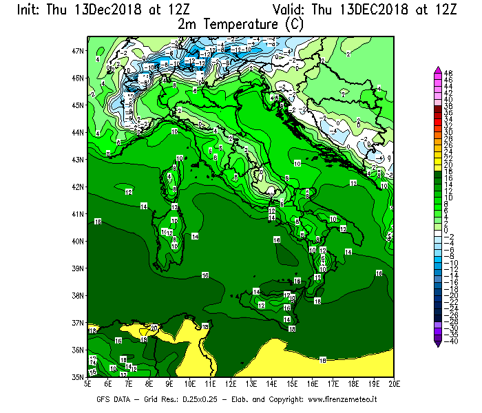 Mappa di analisi GFS - Temperatura a 2 metri dal suolo [°C] in Italia
							del 13/12/2018 12 <!--googleoff: index-->UTC<!--googleon: index-->