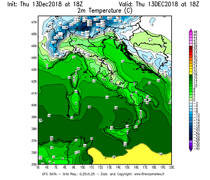 Mappa di analisi GFS - Temperatura a 2 metri dal suolo [°C] in Italia
							del 13/12/2018 18 <!--googleoff: index-->UTC<!--googleon: index-->