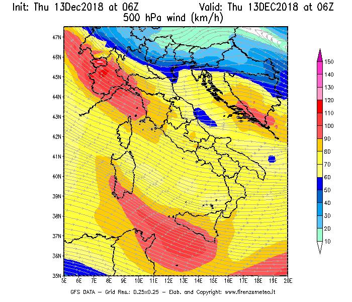 Mappa di analisi GFS - Velocità del vento a 500 hPa [km/h] in Italia
							del 13/12/2018 06 <!--googleoff: index-->UTC<!--googleon: index-->