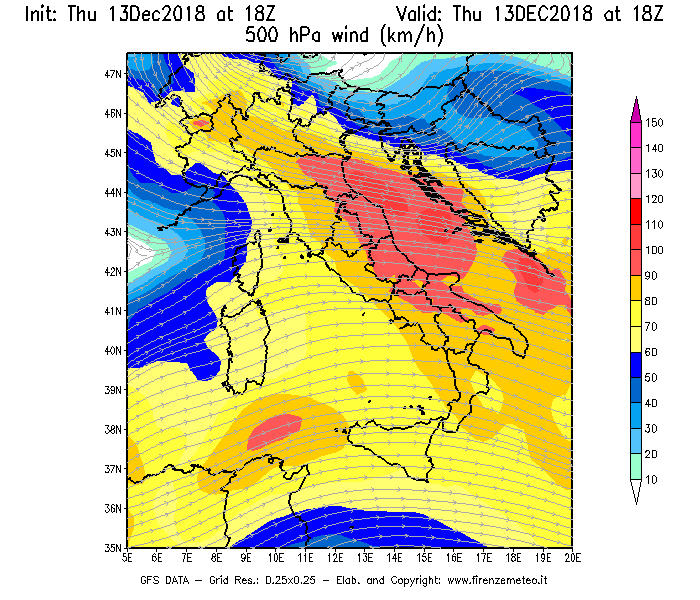 Mappa di analisi GFS - Velocità del vento a 500 hPa [km/h] in Italia
							del 13/12/2018 18 <!--googleoff: index-->UTC<!--googleon: index-->