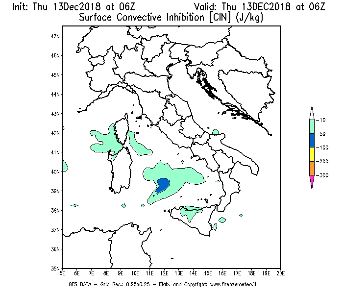 Mappa di analisi GFS - CIN [J/kg] in Italia
							del 13/12/2018 06 <!--googleoff: index-->UTC<!--googleon: index-->