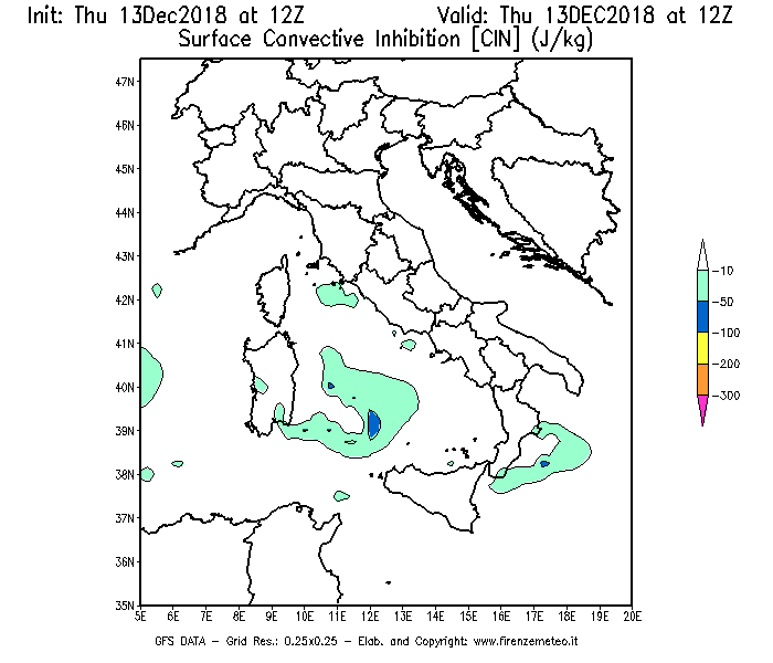 Mappa di analisi GFS - CIN [J/kg] in Italia
							del 13/12/2018 12 <!--googleoff: index-->UTC<!--googleon: index-->