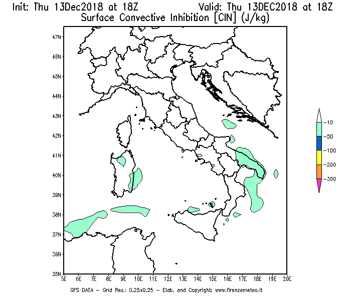 Mappa di analisi GFS - CIN [J/kg] in Italia
							del 13/12/2018 18 <!--googleoff: index-->UTC<!--googleon: index-->