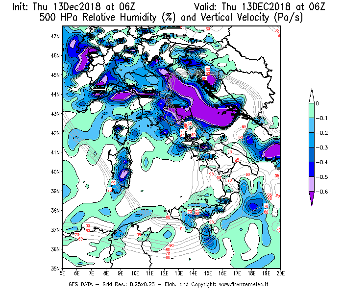 Mappa di analisi GFS - Umidità relativa [%] e Omega [Pa/s] a 500 hPa in Italia
							del 13/12/2018 06 <!--googleoff: index-->UTC<!--googleon: index-->