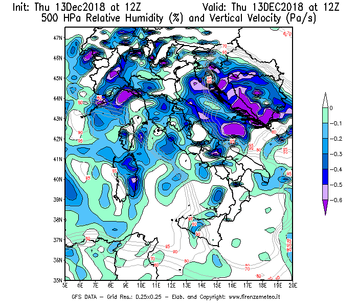 Mappa di analisi GFS - Umidità relativa [%] e Omega [Pa/s] a 500 hPa in Italia
							del 13/12/2018 12 <!--googleoff: index-->UTC<!--googleon: index-->