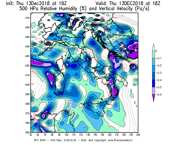 Mappa di analisi GFS - Umidità relativa [%] e Omega [Pa/s] a 500 hPa in Italia
							del 13/12/2018 18 <!--googleoff: index-->UTC<!--googleon: index-->