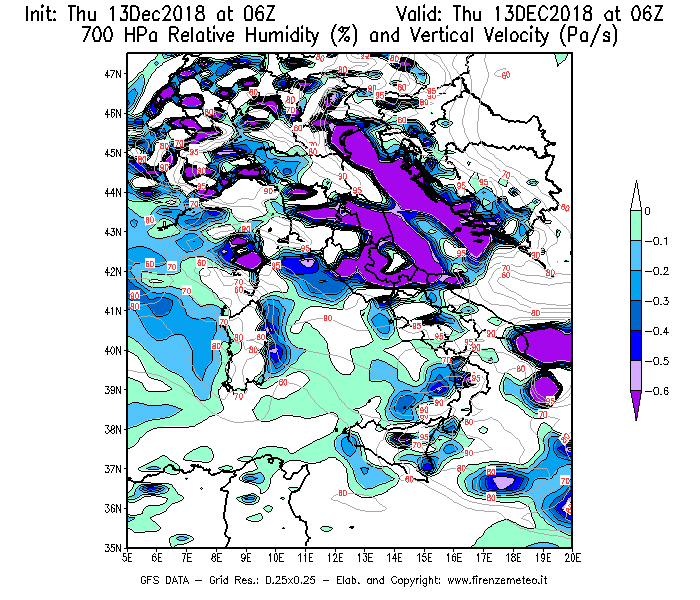 Mappa di analisi GFS - Umidità relativa [%] e Omega [Pa/s] a 700 hPa in Italia
							del 13/12/2018 06 <!--googleoff: index-->UTC<!--googleon: index-->