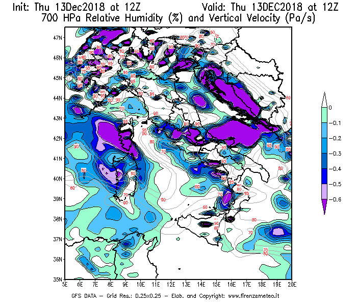 Mappa di analisi GFS - Umidità relativa [%] e Omega [Pa/s] a 700 hPa in Italia
							del 13/12/2018 12 <!--googleoff: index-->UTC<!--googleon: index-->