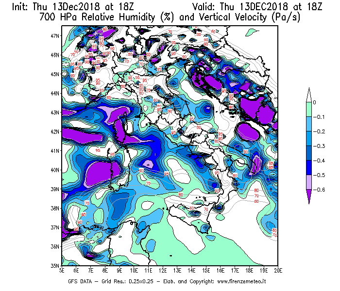 Mappa di analisi GFS - Umidità relativa [%] e Omega [Pa/s] a 700 hPa in Italia
							del 13/12/2018 18 <!--googleoff: index-->UTC<!--googleon: index-->