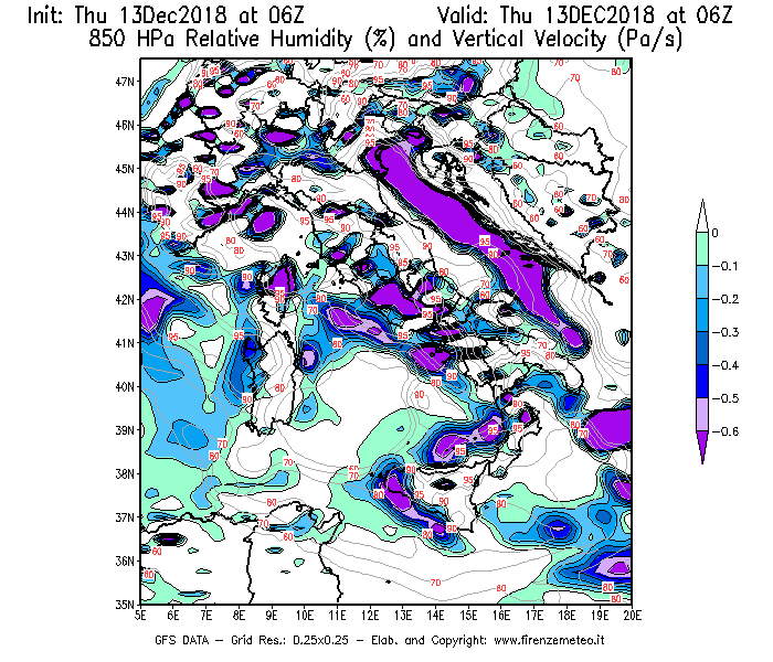 Mappa di analisi GFS - Umidità relativa [%] e Omega [Pa/s] a 850 hPa in Italia
							del 13/12/2018 06 <!--googleoff: index-->UTC<!--googleon: index-->