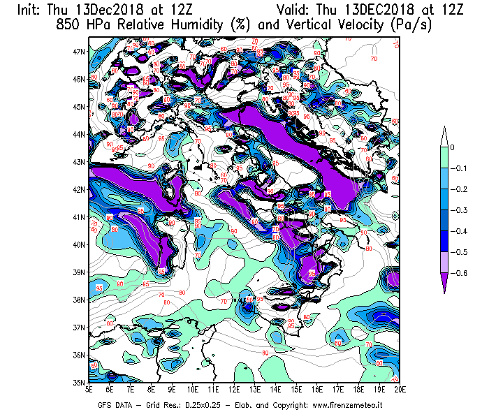 Mappa di analisi GFS - Umidità relativa [%] e Omega [Pa/s] a 850 hPa in Italia
							del 13/12/2018 12 <!--googleoff: index-->UTC<!--googleon: index-->