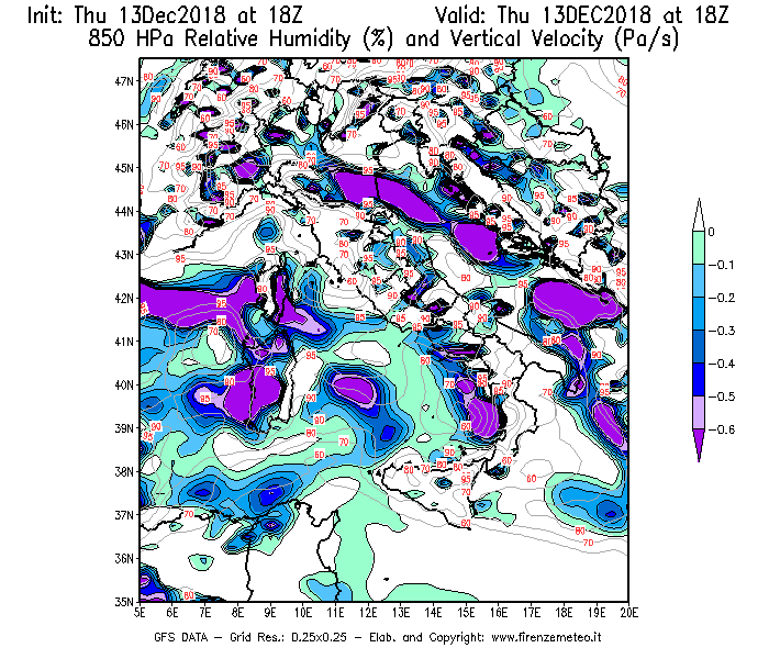 Mappa di analisi GFS - Umidità relativa [%] e Omega [Pa/s] a 850 hPa in Italia
							del 13/12/2018 18 <!--googleoff: index-->UTC<!--googleon: index-->