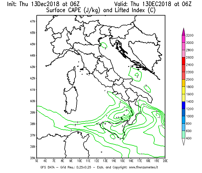 Mappa di analisi GFS - CAPE [J/kg] e Lifted Index [°C] in Italia
							del 13/12/2018 06 <!--googleoff: index-->UTC<!--googleon: index-->