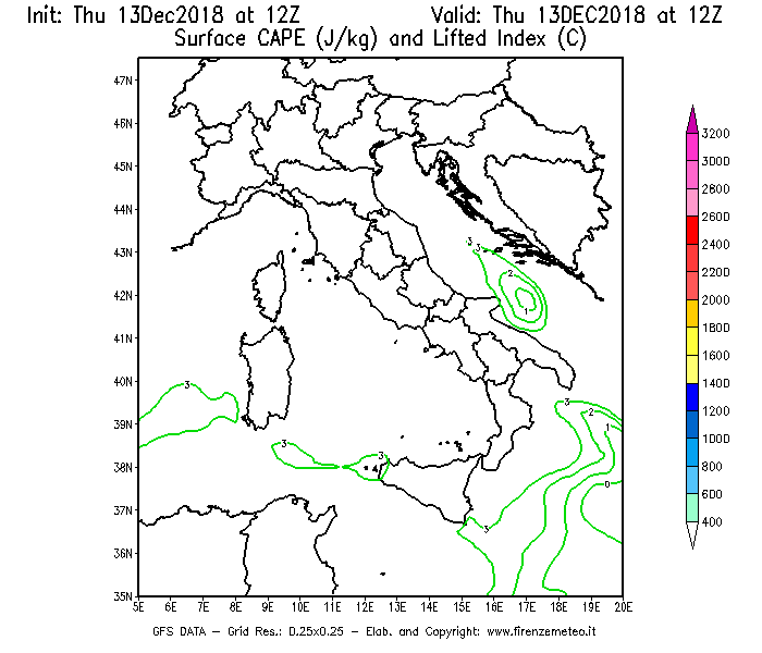 Mappa di analisi GFS - CAPE [J/kg] e Lifted Index [°C] in Italia
							del 13/12/2018 12 <!--googleoff: index-->UTC<!--googleon: index-->