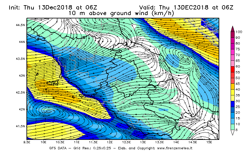 Mappa di analisi GFS - Velocità del vento a 10 metri dal suolo [km/h] in Centro-Italia
							del 13/12/2018 06 <!--googleoff: index-->UTC<!--googleon: index-->