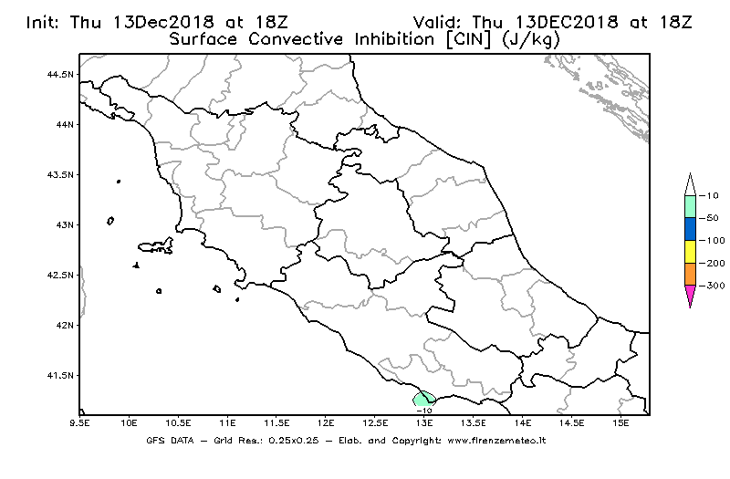 Mappa di analisi GFS - CIN [J/kg] in Centro-Italia
							del 13/12/2018 18 <!--googleoff: index-->UTC<!--googleon: index-->