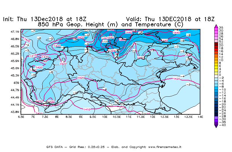 Mappa di analisi GFS - Geopotenziale [m] e Temperatura [°C] a 850 hPa in Nord-Italia
							del 13/12/2018 18 <!--googleoff: index-->UTC<!--googleon: index-->