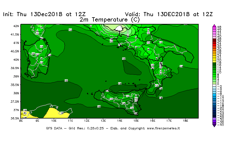 Mappa di analisi GFS - Temperatura a 2 metri dal suolo [°C] in Sud-Italia
							del 13/12/2018 12 <!--googleoff: index-->UTC<!--googleon: index-->