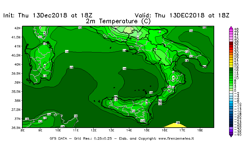 Mappa di analisi GFS - Temperatura a 2 metri dal suolo [°C] in Sud-Italia
							del 13/12/2018 18 <!--googleoff: index-->UTC<!--googleon: index-->