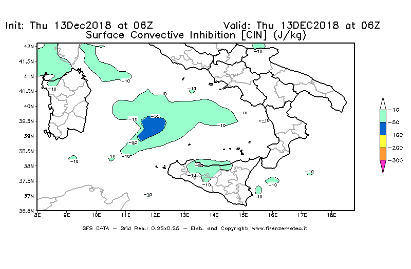 Mappa di analisi GFS - CIN [J/kg] in Sud-Italia
							del 13/12/2018 06 <!--googleoff: index-->UTC<!--googleon: index-->