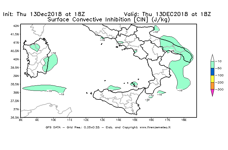 Mappa di analisi GFS - CIN [J/kg] in Sud-Italia
							del 13/12/2018 18 <!--googleoff: index-->UTC<!--googleon: index-->