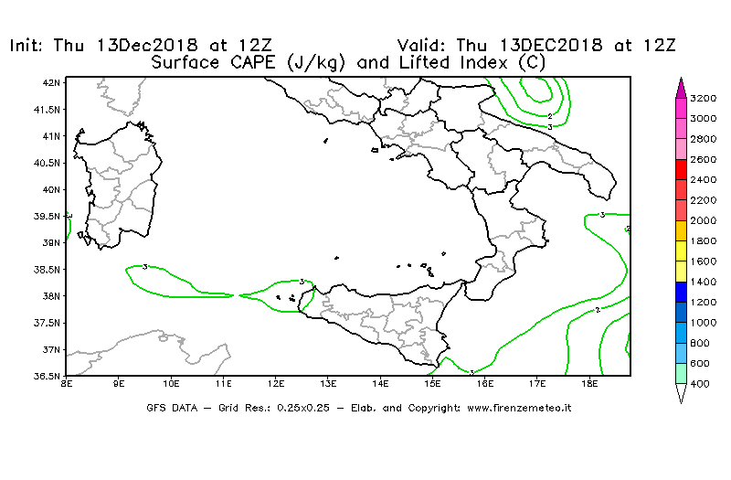 Mappa di analisi GFS - CAPE [J/kg] e Lifted Index [°C] in Sud-Italia
							del 13/12/2018 12 <!--googleoff: index-->UTC<!--googleon: index-->