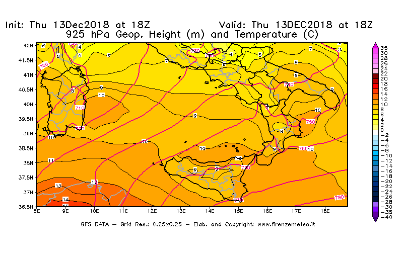 Mappa di analisi GFS - Geopotenziale [m] e Temperatura [°C] a 925 hPa in Sud-Italia
							del 13/12/2018 18 <!--googleoff: index-->UTC<!--googleon: index-->