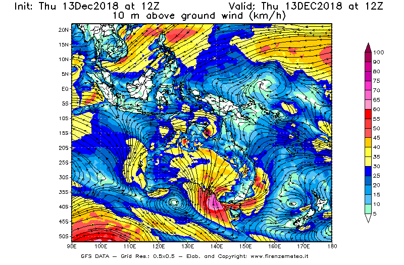 Mappa di analisi GFS - Velocità del vento a 10 metri dal suolo [km/h] in Oceania
							del 13/12/2018 12 <!--googleoff: index-->UTC<!--googleon: index-->