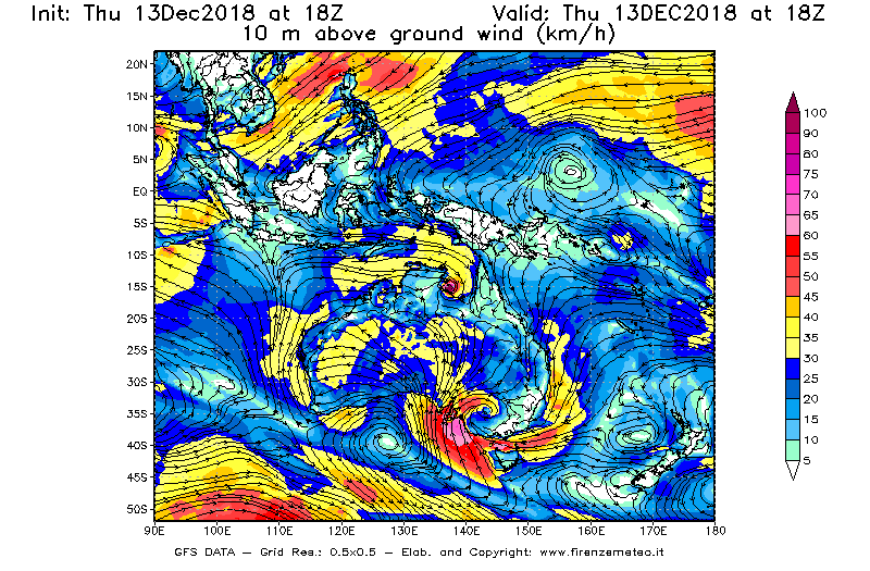 Mappa di analisi GFS - Velocità del vento a 10 metri dal suolo [km/h] in Oceania
							del 13/12/2018 18 <!--googleoff: index-->UTC<!--googleon: index-->