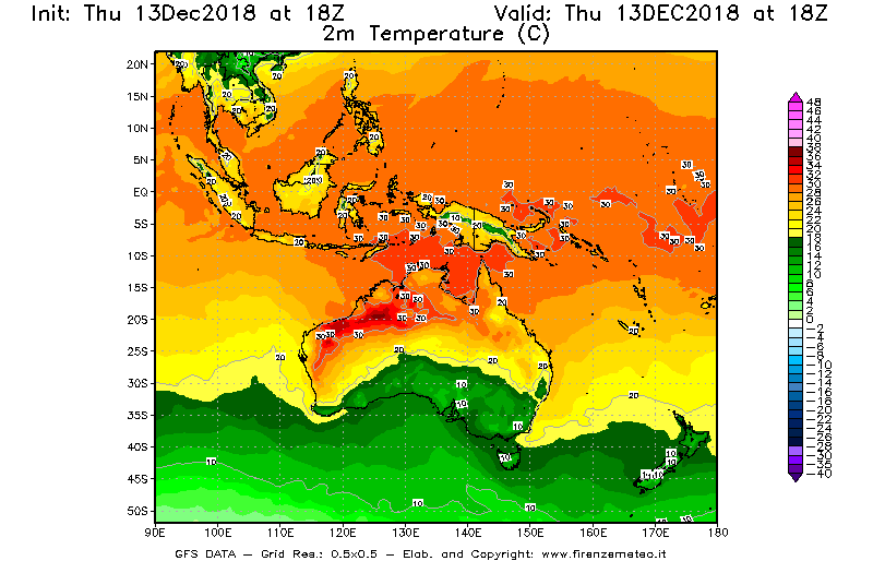 Mappa di analisi GFS - Temperatura a 2 metri dal suolo [°C] in Oceania
							del 13/12/2018 18 <!--googleoff: index-->UTC<!--googleon: index-->