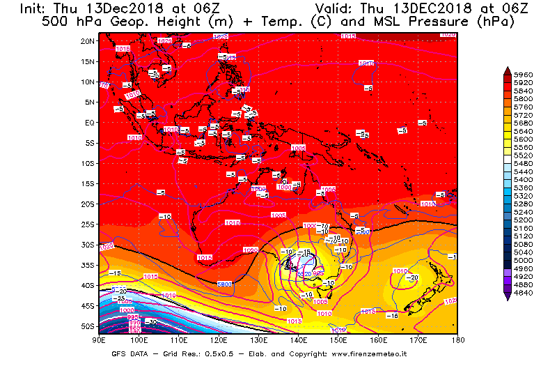 Mappa di analisi GFS - Geopotenziale [m] + Temp. [°C] a 500 hPa + Press. a livello del mare [hPa] in Oceania
							del 13/12/2018 06 <!--googleoff: index-->UTC<!--googleon: index-->