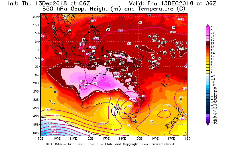 Mappa di analisi GFS - Geopotenziale [m] e Temperatura [°C] a 850 hPa in Oceania
							del 13/12/2018 06 <!--googleoff: index-->UTC<!--googleon: index-->
