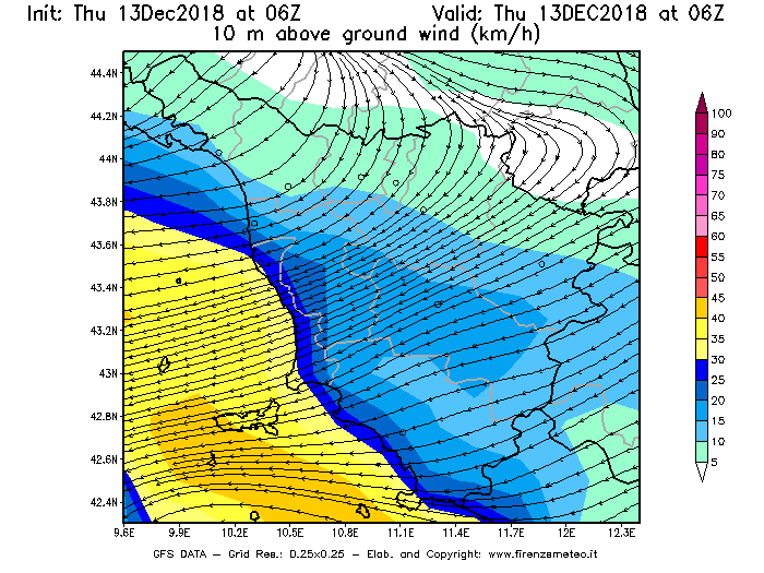 Mappa di analisi GFS - Velocità del vento a 10 metri dal suolo [km/h] in Toscana
							del 13/12/2018 06 <!--googleoff: index-->UTC<!--googleon: index-->