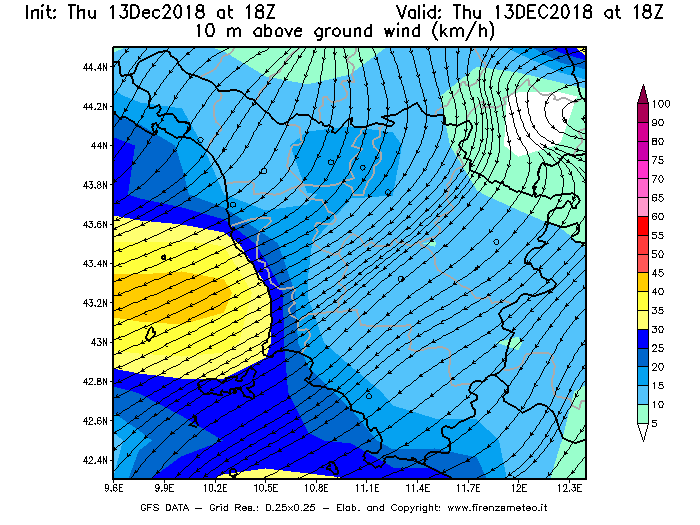 Mappa di analisi GFS - Velocità del vento a 10 metri dal suolo [km/h] in Toscana
							del 13/12/2018 18 <!--googleoff: index-->UTC<!--googleon: index-->