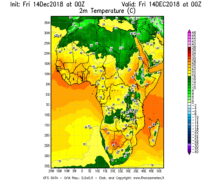 Mappa di analisi GFS - Temperatura a 2 metri dal suolo [°C] in Africa
									del 14/12/2018 00 <!--googleoff: index-->UTC<!--googleon: index-->