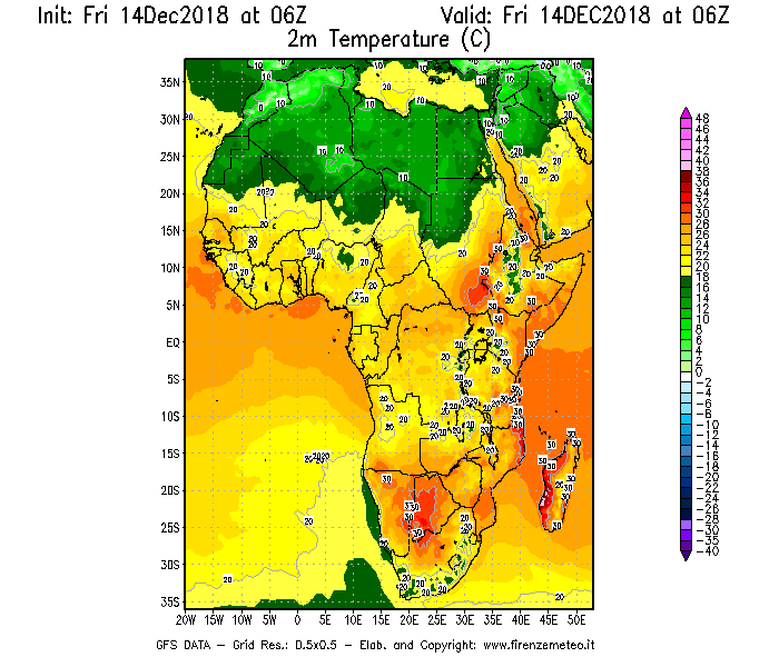 Mappa di analisi GFS - Temperatura a 2 metri dal suolo [°C] in Africa
									del 14/12/2018 06 <!--googleoff: index-->UTC<!--googleon: index-->
