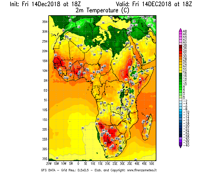 Mappa di analisi GFS - Temperatura a 2 metri dal suolo [°C] in Africa
									del 14/12/2018 18 <!--googleoff: index-->UTC<!--googleon: index-->